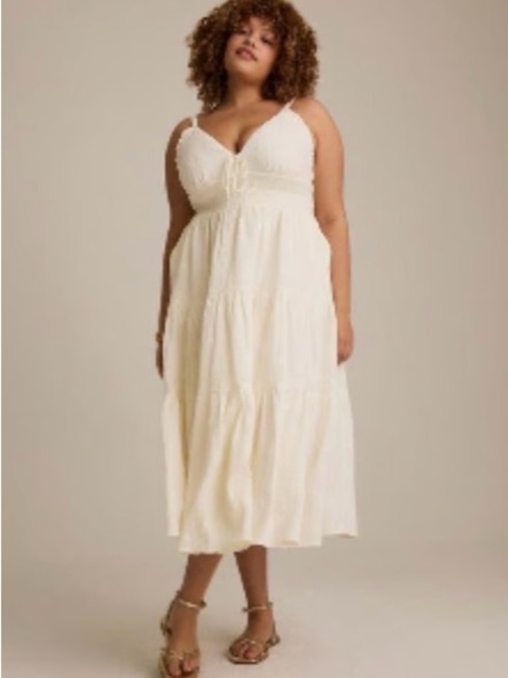 Torrid Festi Tiered Midi Dress with Smocked Waist and Spaghetti Straps